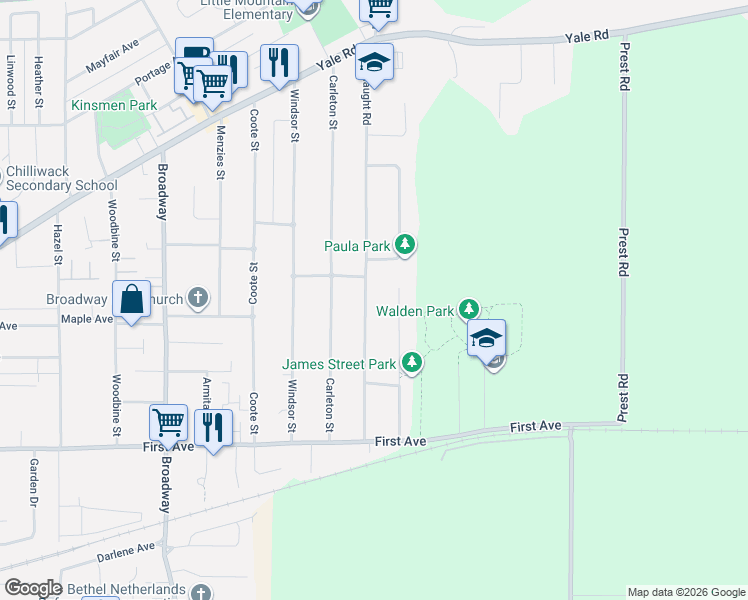 map of restaurants, bars, coffee shops, grocery stores, and more near 9418 McNaught Road in Chilliwack