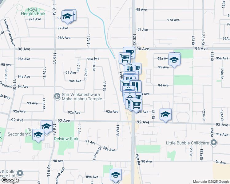 map of restaurants, bars, coffee shops, grocery stores, and more near 9359 119A Street in Delta