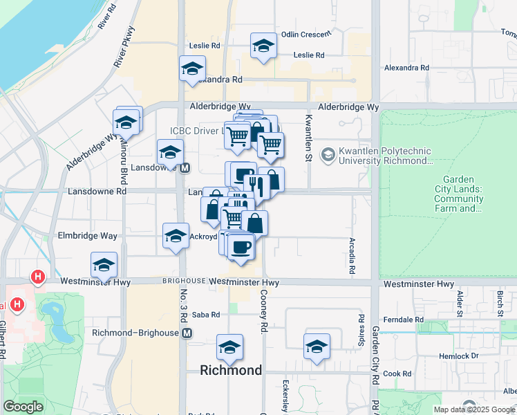 map of restaurants, bars, coffee shops, grocery stores, and more near 5599 Cooney Road in Richmond