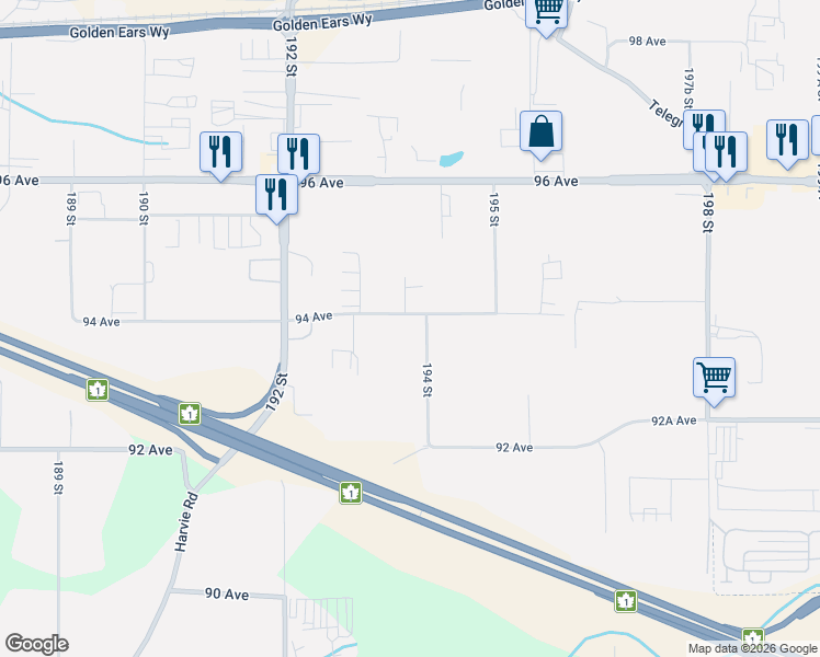 map of restaurants, bars, coffee shops, grocery stores, and more near 19372 94 Avenue in Surrey
