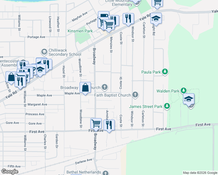 map of restaurants, bars, coffee shops, grocery stores, and more near 9433 Menzies Street in Chilliwack