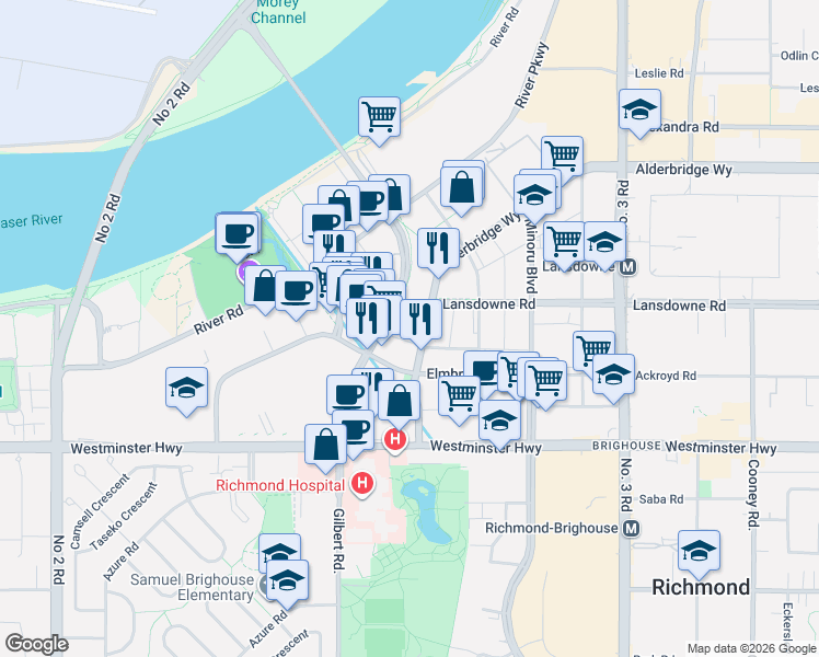 map of restaurants, bars, coffee shops, grocery stores, and more near 5511 Hollybridge Way in Richmond