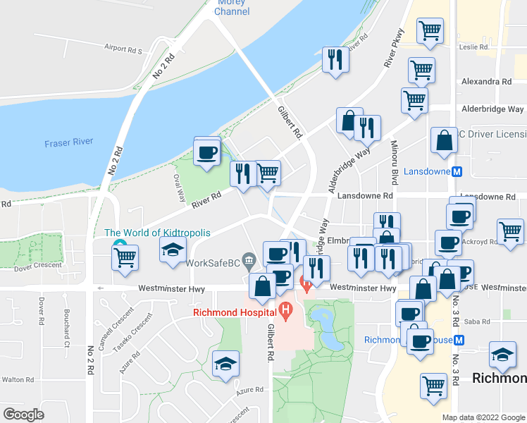 map of restaurants, bars, coffee shops, grocery stores, and more near in Richmond