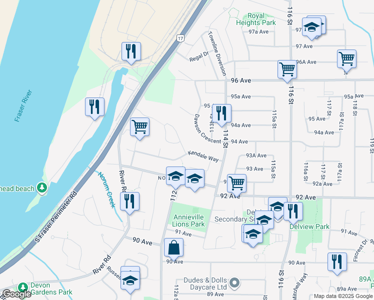 map of restaurants, bars, coffee shops, grocery stores, and more near 11275 Kendale Way in Delta