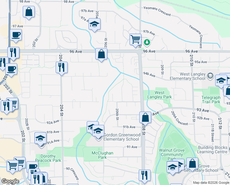 map of restaurants, bars, coffee shops, grocery stores, and more near 9362 206A Street in Langley Township