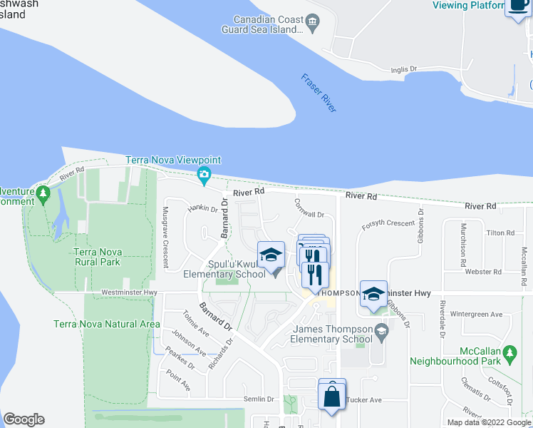 map of restaurants, bars, coffee shops, grocery stores, and more near 5508 Cornwall Drive in Richmond