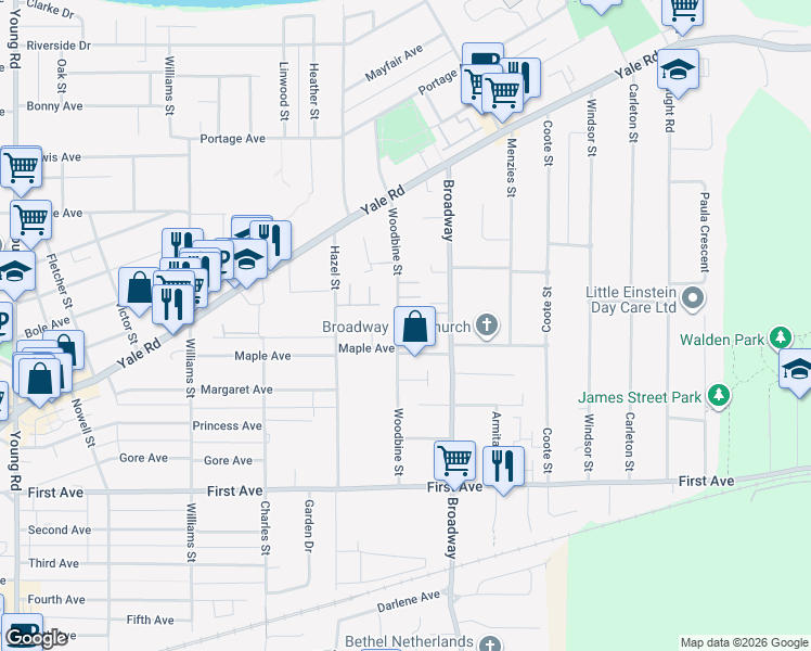 map of restaurants, bars, coffee shops, grocery stores, and more near 9420 Woodbine Street in Chilliwack