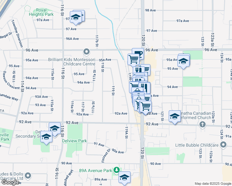 map of restaurants, bars, coffee shops, grocery stores, and more near 9342 119 Street in Delta