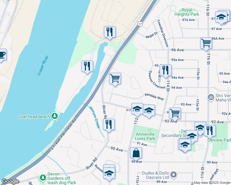 map of restaurants, bars, coffee shops, grocery stores, and more near 9328 Ebor Road in Delta