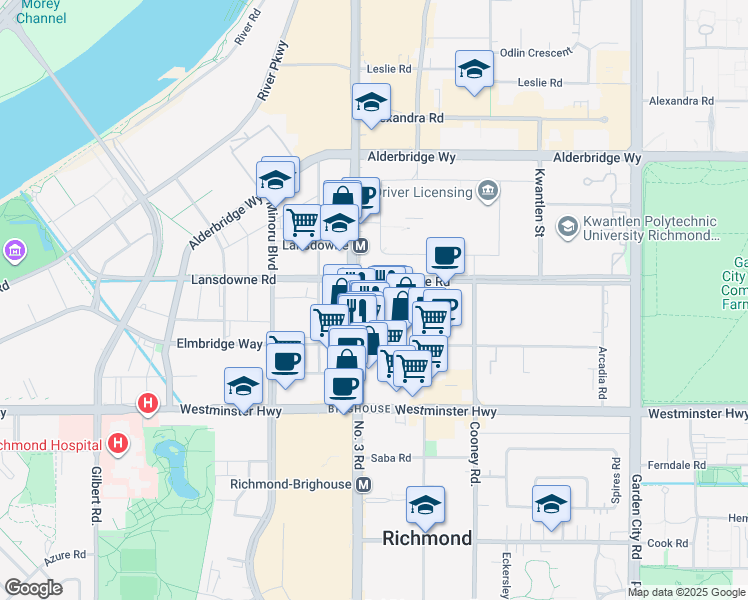 map of restaurants, bars, coffee shops, grocery stores, and more near 5580 Number 3 Road in Richmond