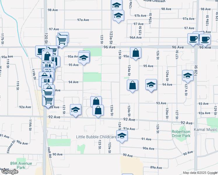 map of restaurants, bars, coffee shops, grocery stores, and more near 12343 93A Avenue in Surrey