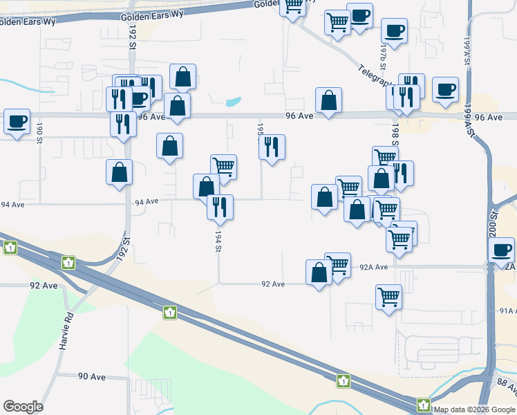 map of restaurants, bars, coffee shops, grocery stores, and more near 19488 94 Avenue in Surrey