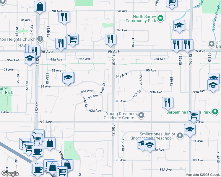 map of restaurants, bars, coffee shops, grocery stores, and more near 9387 156 Street in Surrey