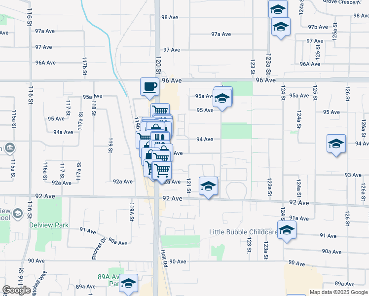 map of restaurants, bars, coffee shops, grocery stores, and more near 9383 121 Street in Surrey