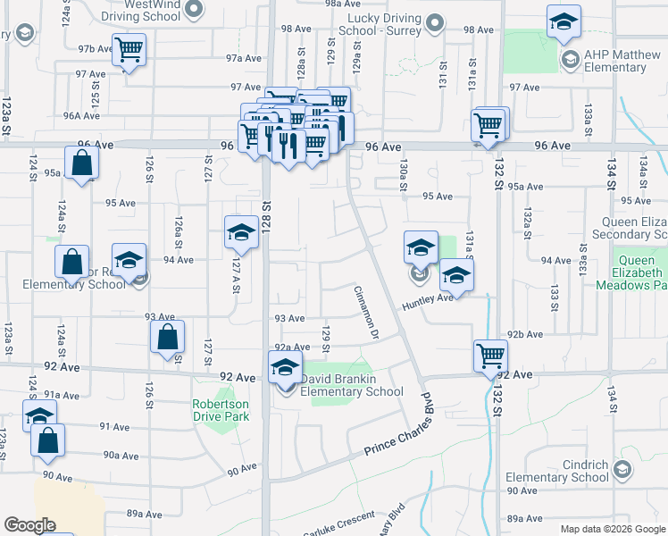 map of restaurants, bars, coffee shops, grocery stores, and more near 9416 Wallace Crescent in Surrey