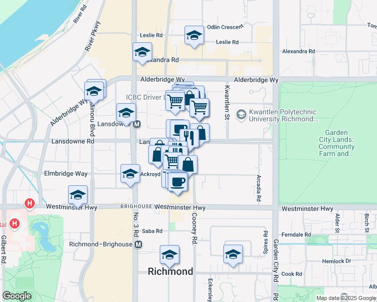 map of restaurants, bars, coffee shops, grocery stores, and more near 5599 Cooney Road in Richmond