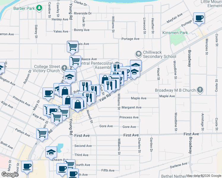 map of restaurants, bars, coffee shops, grocery stores, and more near 46289 Yale Road in Chilliwack