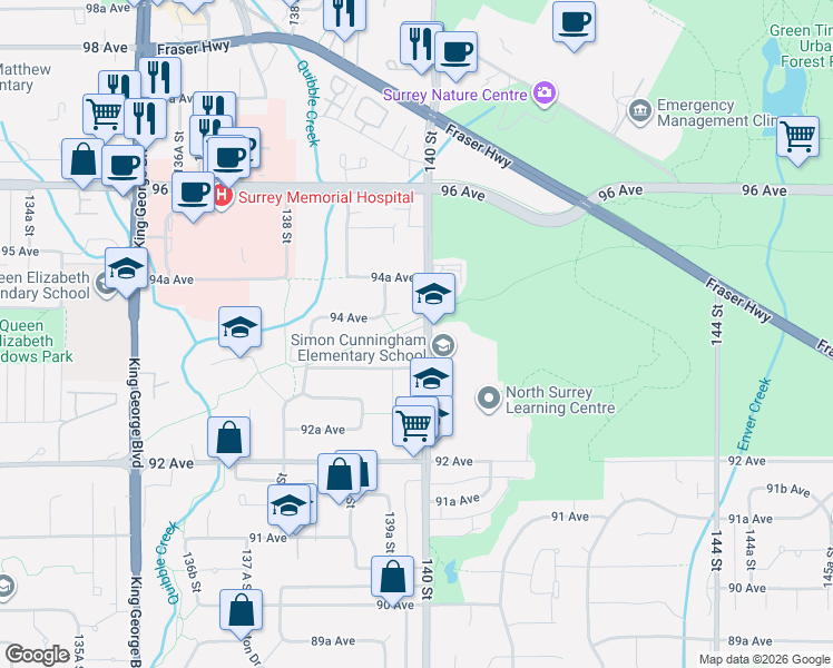 map of restaurants, bars, coffee shops, grocery stores, and more near in Surrey