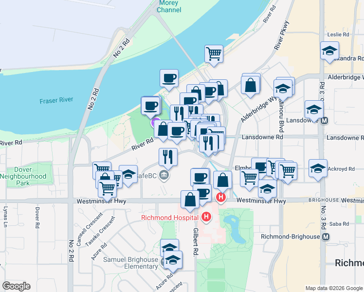 map of restaurants, bars, coffee shops, grocery stores, and more near 6971 Elmbridge Way in Richmond