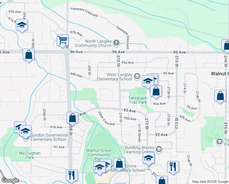 map of restaurants, bars, coffee shops, grocery stores, and more near 9382 209B Street in Langley Township