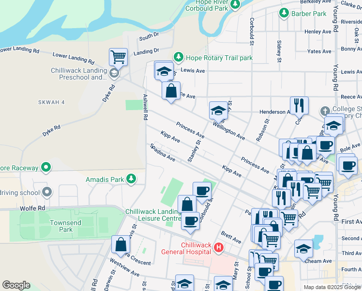 map of restaurants, bars, coffee shops, grocery stores, and more near 45480 Kipp Avenue in Chilliwack