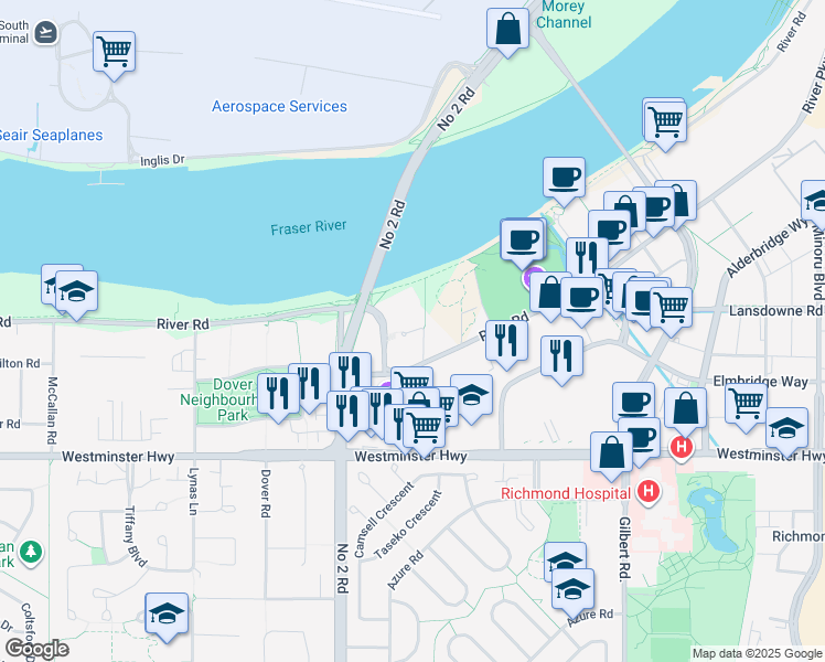 map of restaurants, bars, coffee shops, grocery stores, and more near 5271 Brighouse Way in Richmond