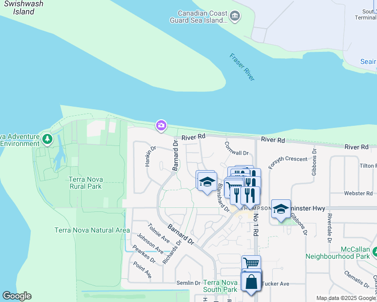 map of restaurants, bars, coffee shops, grocery stores, and more near 5531 Cornwall Drive in Richmond