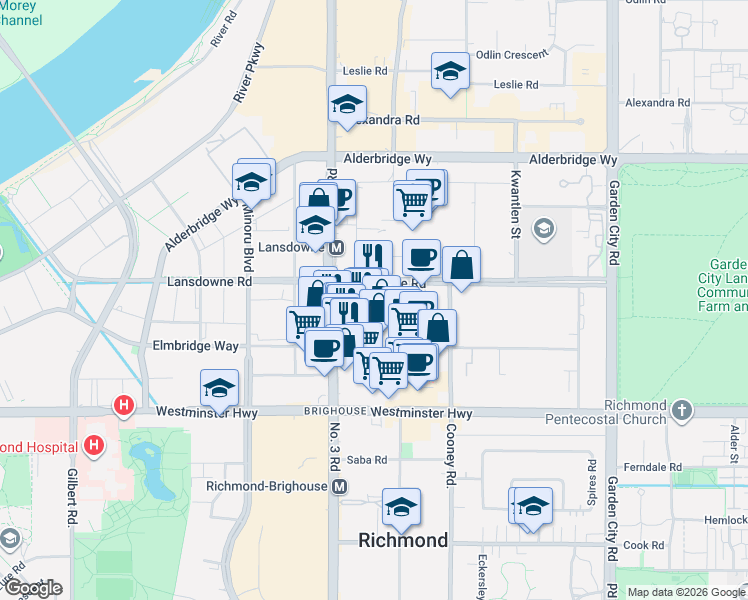 map of restaurants, bars, coffee shops, grocery stores, and more near 8120 Lansdowne Road in Richmond