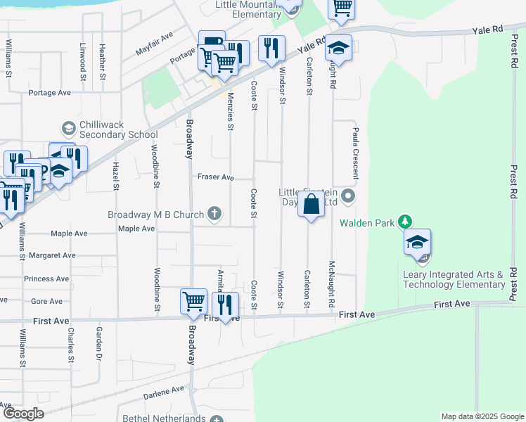 map of restaurants, bars, coffee shops, grocery stores, and more near 9448 Coote Street in Chilliwack