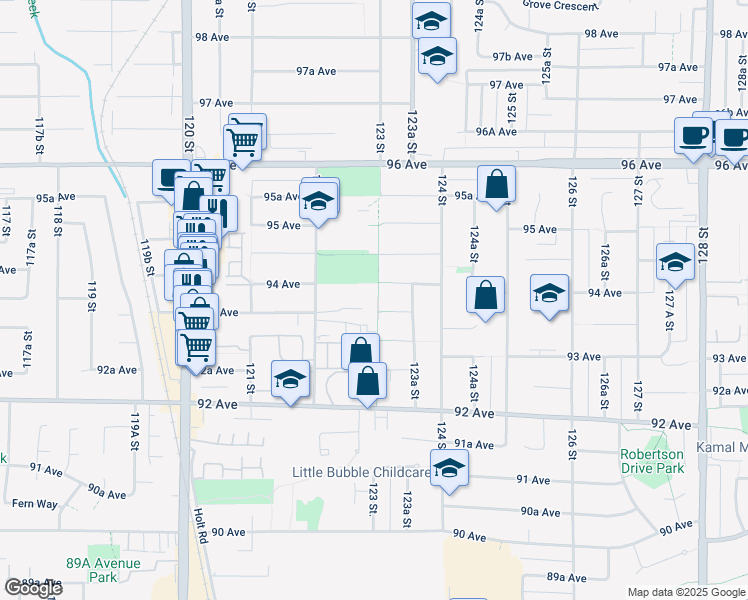 map of restaurants, bars, coffee shops, grocery stores, and more near 9402 122 Street in Surrey