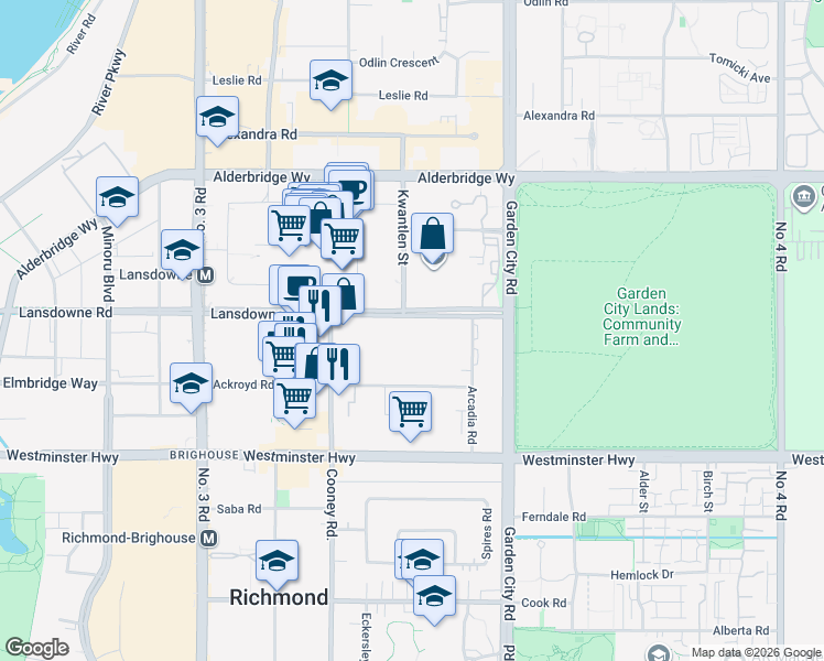 map of restaurants, bars, coffee shops, grocery stores, and more near 8600 Lansdowne Road in Richmond