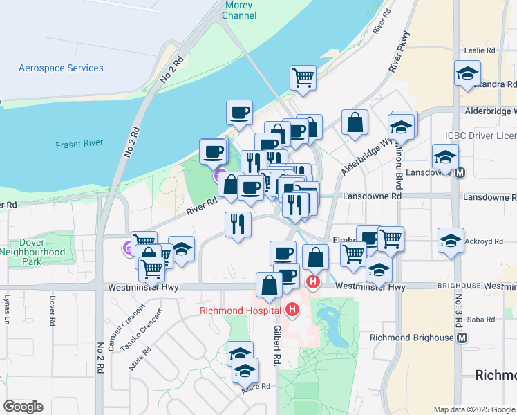 map of restaurants, bars, coffee shops, grocery stores, and more near 6951 Elmbridge Way in Richmond