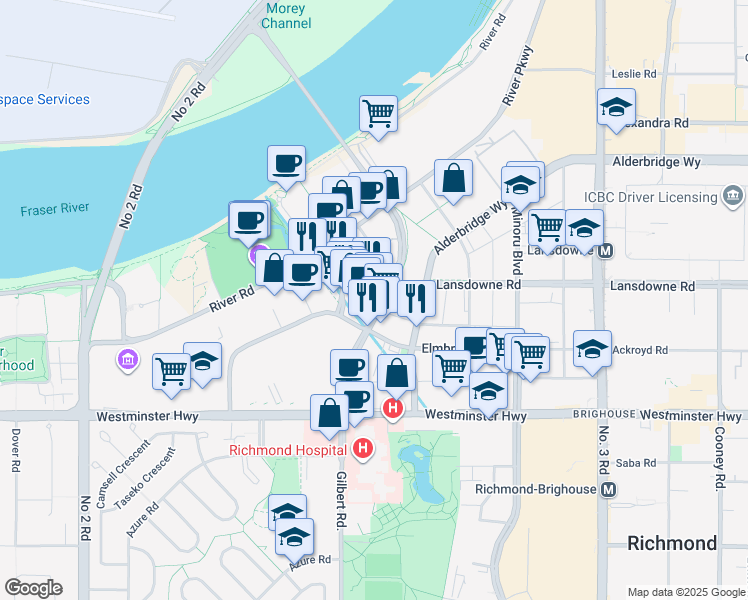 map of restaurants, bars, coffee shops, grocery stores, and more near 5555 Gilbert Road in Richmond