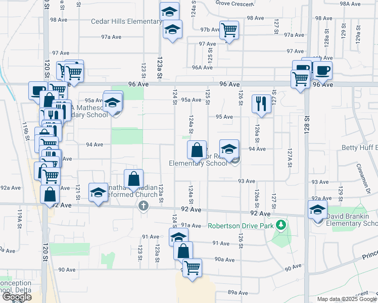 map of restaurants, bars, coffee shops, grocery stores, and more near 12436 94 Avenue in Surrey