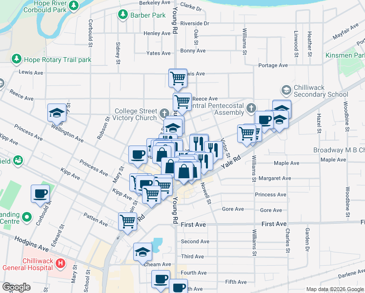 map of restaurants, bars, coffee shops, grocery stores, and more near in Chilliwack