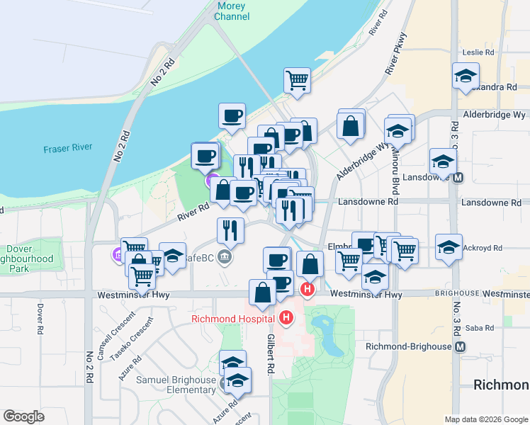 map of restaurants, bars, coffee shops, grocery stores, and more near 6971 Elmbridge Way in Richmond