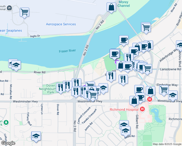 map of restaurants, bars, coffee shops, grocery stores, and more near in Richmond