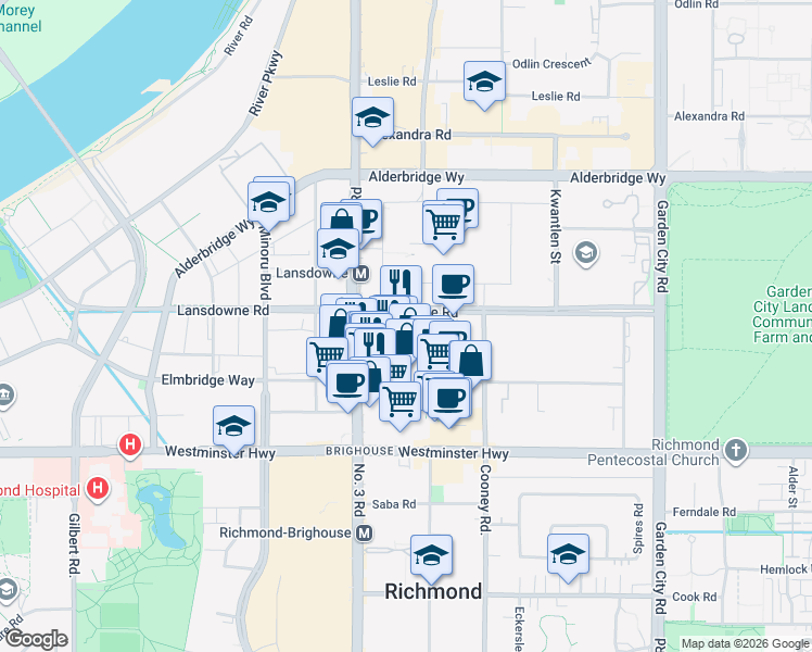 map of restaurants, bars, coffee shops, grocery stores, and more near 8120 Lansdowne Road in Richmond