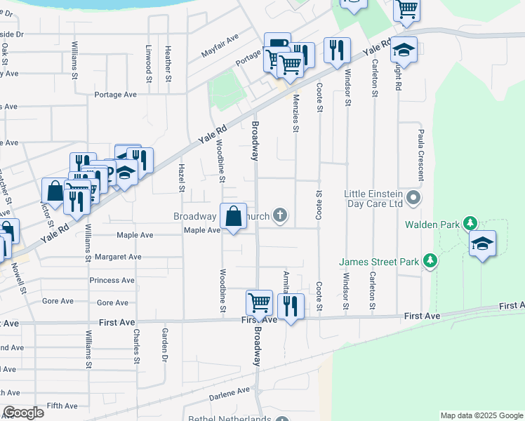 map of restaurants, bars, coffee shops, grocery stores, and more near 9438 Broadway in Chilliwack