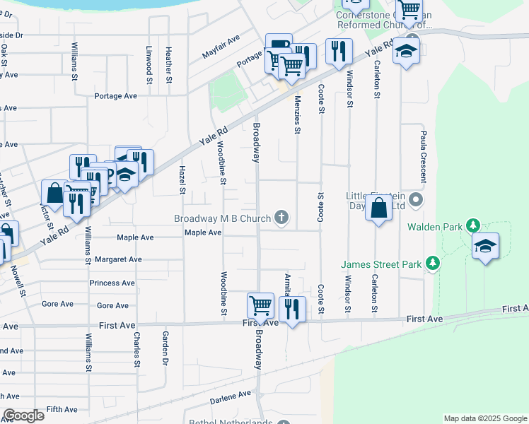 map of restaurants, bars, coffee shops, grocery stores, and more near 9438 Broadway in Chilliwack