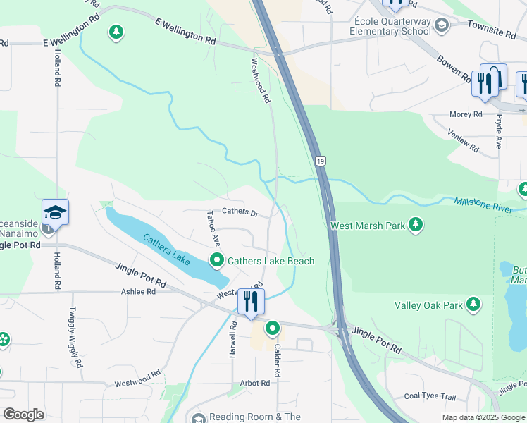 map of restaurants, bars, coffee shops, grocery stores, and more near 2000 Cathers Drive in Nanaimo