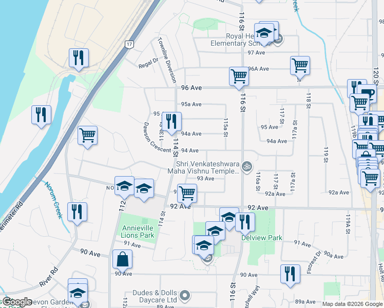 map of restaurants, bars, coffee shops, grocery stores, and more near 11446 94 Avenue in Delta