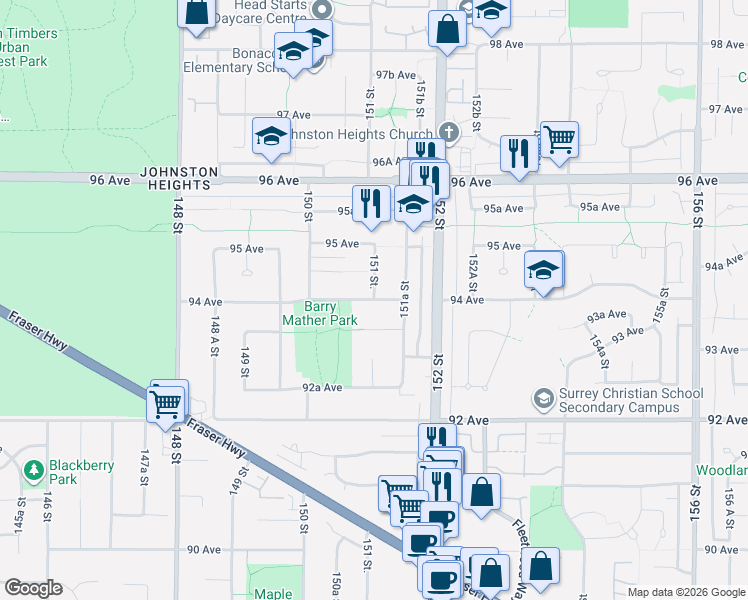map of restaurants, bars, coffee shops, grocery stores, and more near 151 Street in Surrey