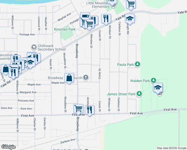 map of restaurants, bars, coffee shops, grocery stores, and more near 9446 Menzies Street in Chilliwack