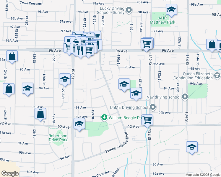map of restaurants, bars, coffee shops, grocery stores, and more near in Surrey