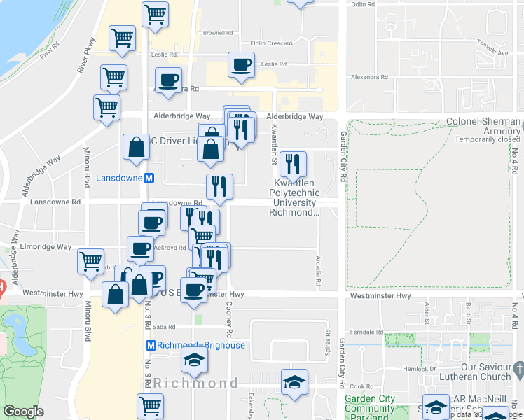 map of restaurants, bars, coffee shops, grocery stores, and more near 8600 Lansdowne Road in Richmond