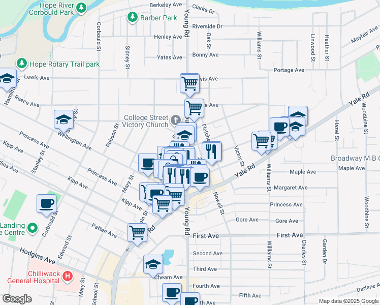 map of restaurants, bars, coffee shops, grocery stores, and more near 9430 Young Road in Chilliwack