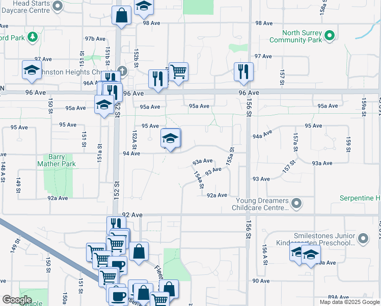 map of restaurants, bars, coffee shops, grocery stores, and more near 15436 94 Avenue in Surrey