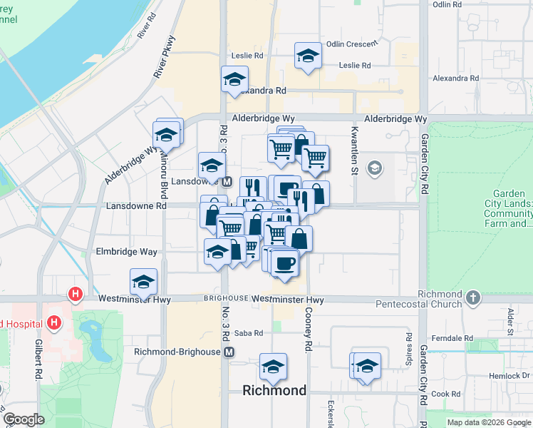 map of restaurants, bars, coffee shops, grocery stores, and more near 8160 Lansdowne Road in Richmond
