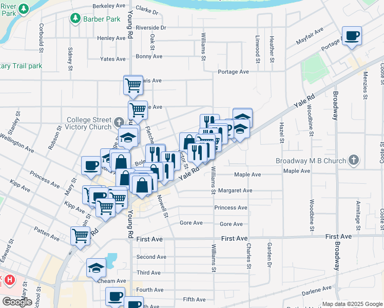 map of restaurants, bars, coffee shops, grocery stores, and more near 46150 Bole Avenue in Chilliwack